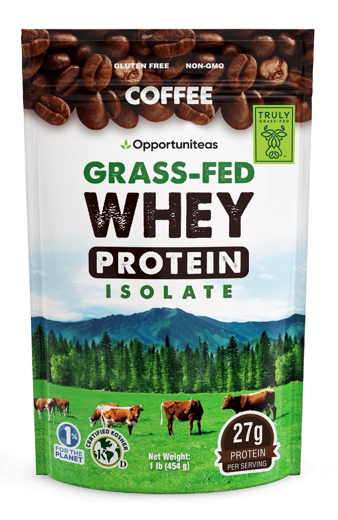 Opportuniteas Coffee Whey Protein Powder - Faible Carb & Keto Friendly - Herbe Foie Isolée + Café colombien - 60 mg de caféine pour l'énergie - Pré ou post-entraînement boisson mélange, latte, Shake & Smoothie 1lb