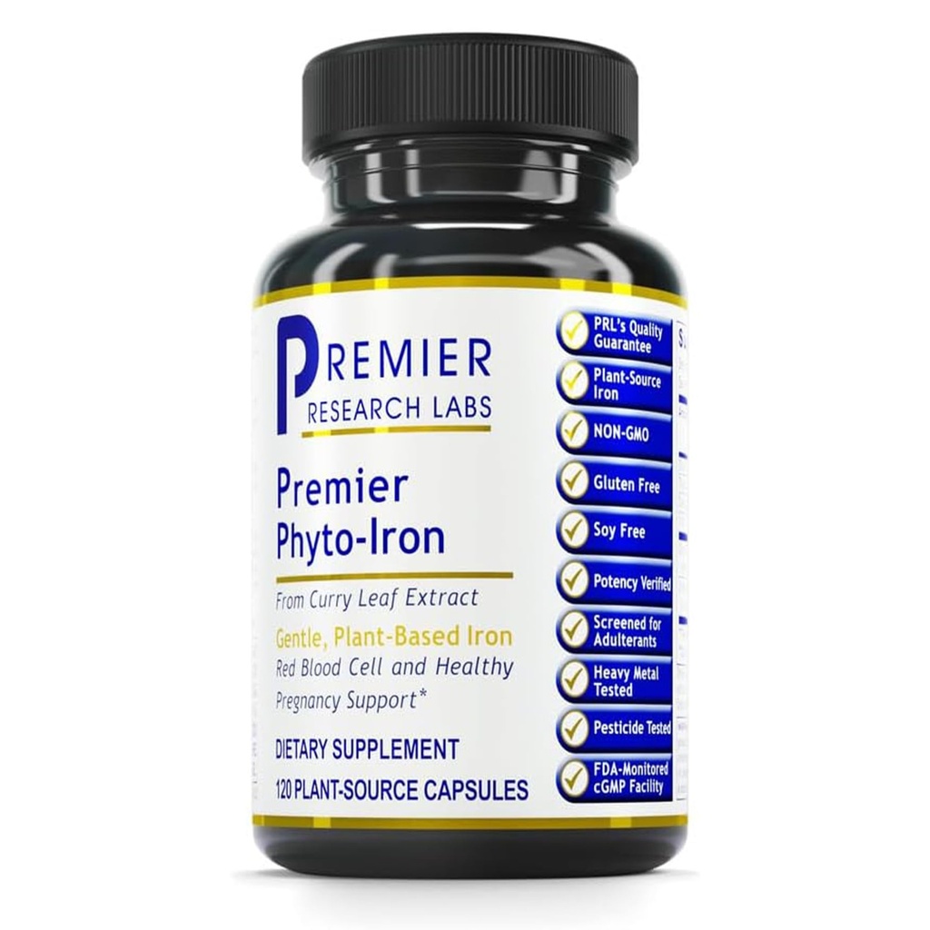 Premier Research Labs Phyto-Iron - Fer à base de plantes pour hommes et femmes pour le soutien du sang, Supplément de feuilles de curry, Suppléments de fer, Fer non-hémé, 18mg Fer par portion - 120 Capsules végétariennes