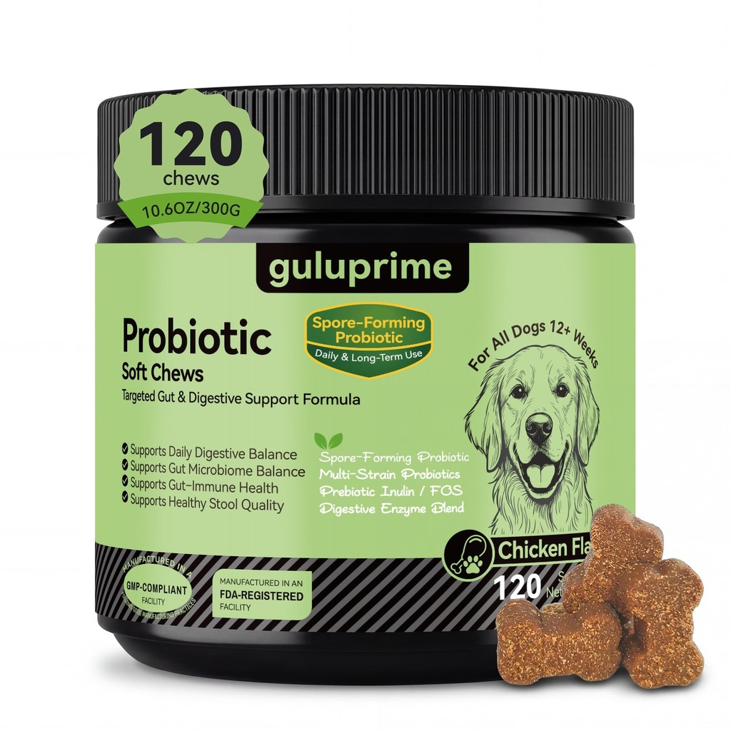 Probiotics for Dogs - Dog Probiotics Digestive Health Support, Dog Probiotic Chews with Spore-Forming Bacillus Coagulans, Prebiotic Inulin & Digestive Enzymes, Chicken Flavor, 120 Soft Chews