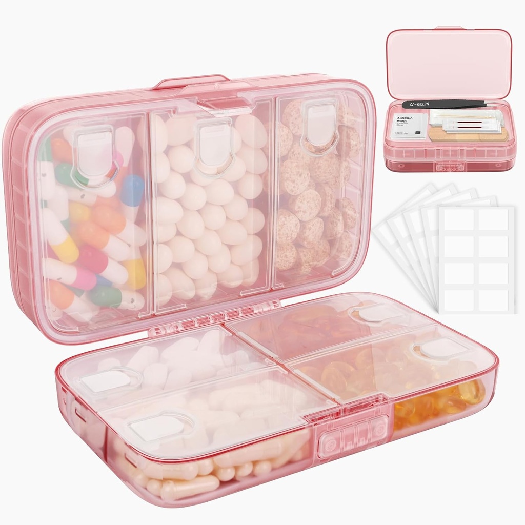 FYY Weekly Pill Organizer mit Labels,8 Compartments Travel Daily Pill Case Luftdichte Feuchtigkeitsdichte große Pille Box, um Vitamine, Fischöl, Nahrungsergänzungen, Cotton Swab und Bandagen-Pink zu halten