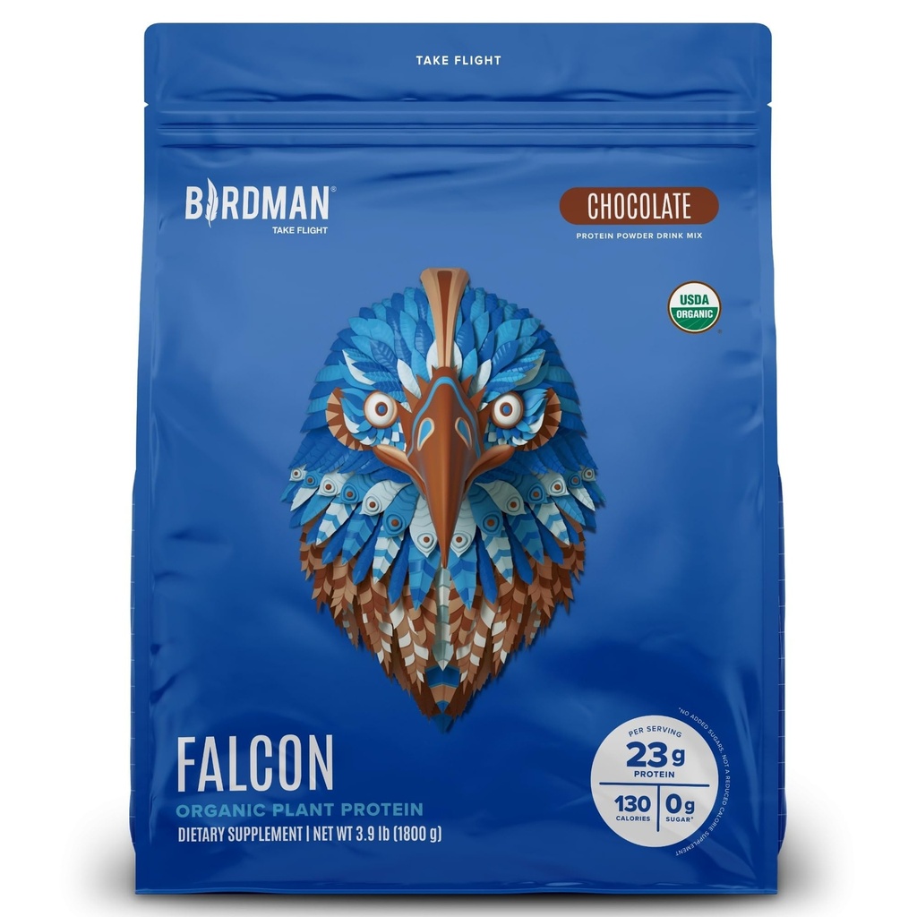 BIRDMAN Falcon Vegan Protein Powder Organic, Stevia & Sugar Free, Plant Based Protein, Low Carb, Dairy Free, Keto, Non Whey Protein, Probiotic, Pea Protein | Chocolate Flavor - 60 Servietten - 3.9lb