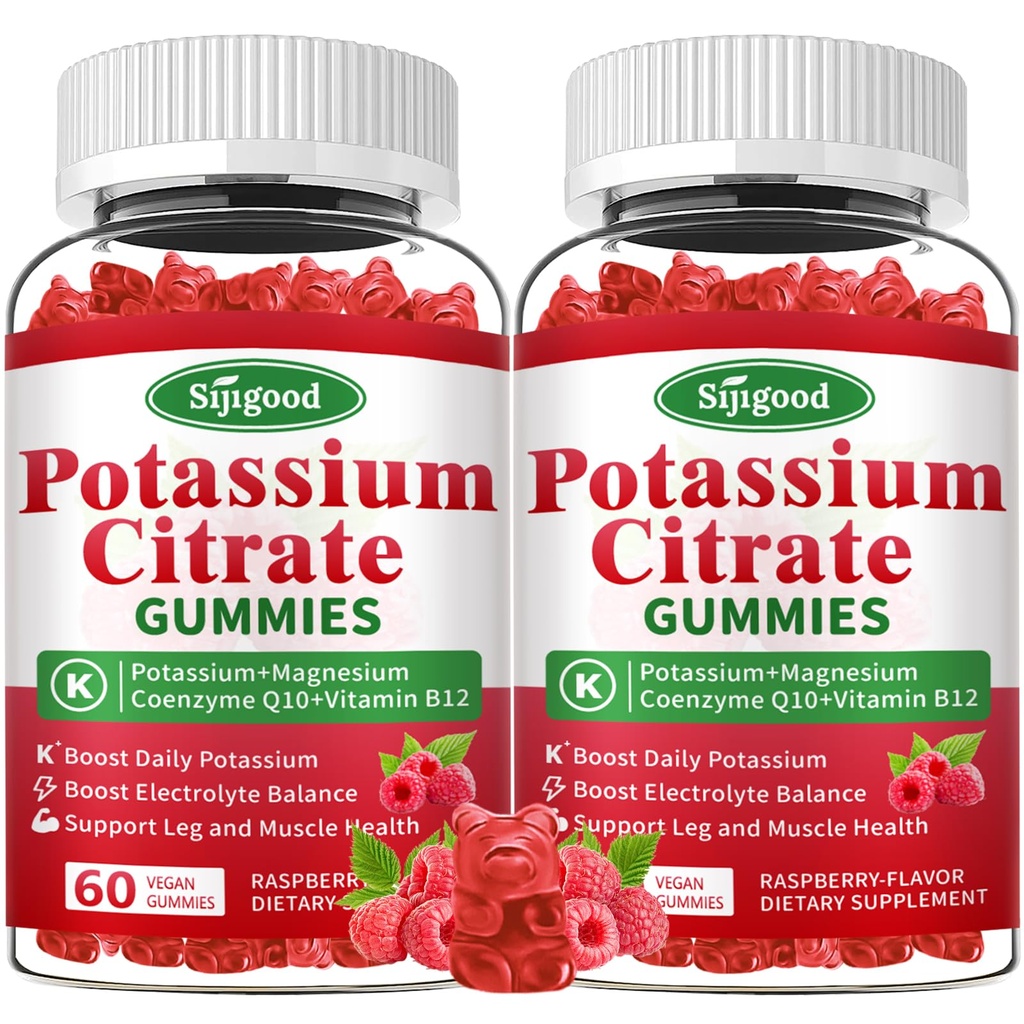 2 Pack Kalium-Zitrat-Gummi-Gummi-Ergänzung für Muskel-Gesundheit, Leg Cramp Relief & Elektrolyt Balance, Vegan, Non-GMO, Glutenfrei, Raspberry Flavor, 120 Count