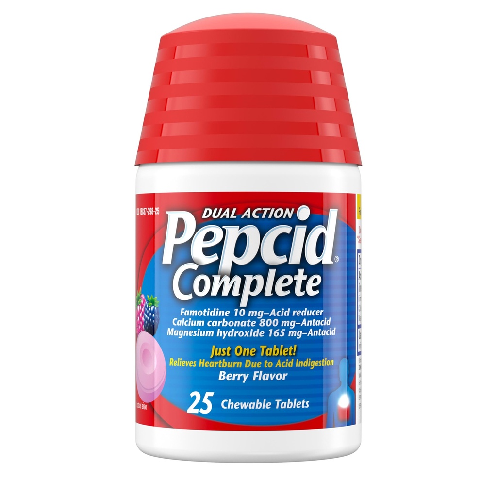 Pepcid Complete Acid Reducer + Antacid for Acid Reflux, 10mg Famotidin, 800mg Calcium Carbonate & 165mg Magnesium Hydroxide per Heartburn Medicine Tablet, Antacid Chews, Berry, 25 ct