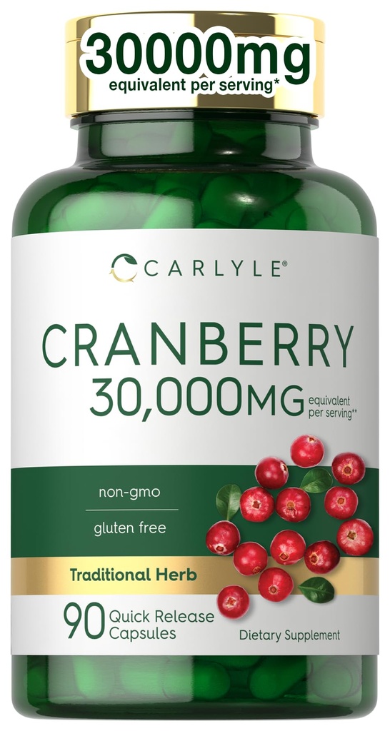 Supplément de canneberge Carlyle $ 30 000mg $ 90 Capsules $ Formule sans OGM et sans gluten $ Pilules de canneberge de l'extrait de concentré