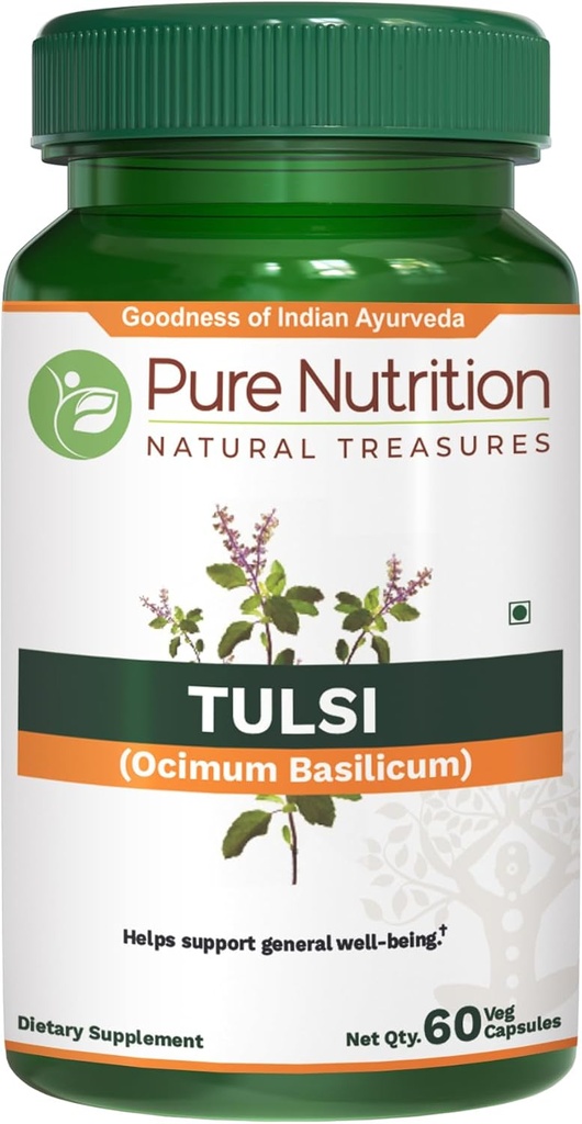 Pure Nutriton Tulsi Extrakt 708mg - 60 Caps (Extrakt Equiv. bis 2585mg Basil Blatt Pulver) mit Eugenolen und Ursolsäure | 60 Veg Caps | Non GMO | Einmal täglich | 60 Tage Versorgung.