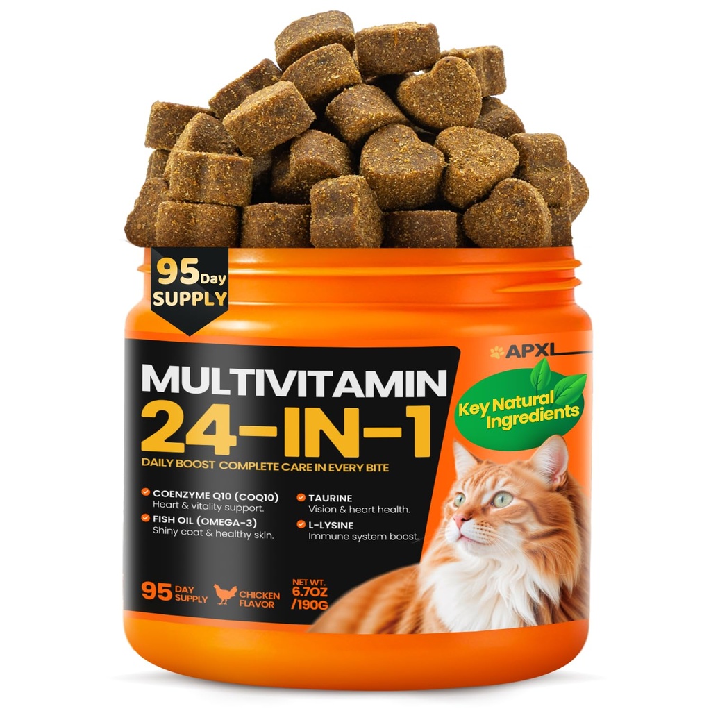 24 in 1 Taurine for Cats Vitamins Treats with Coenzyme Q10 & L-Lysine for Immune, Joint Support, Coat, Heart Health - Cat Multivitamin Supplement with Omega 3 for Cats - 95 Days Supply