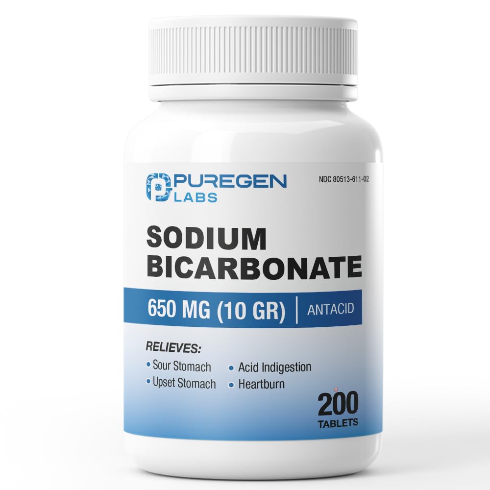 Puregen Labs Sodium Bicarbonate Tablets 650mg (10 Grains) - 200 Count | USP Grade Baking Soda Supplement, Natural Relief of Acid Indigestion, Heartburn, Sour Stomach & Upset Stomach
