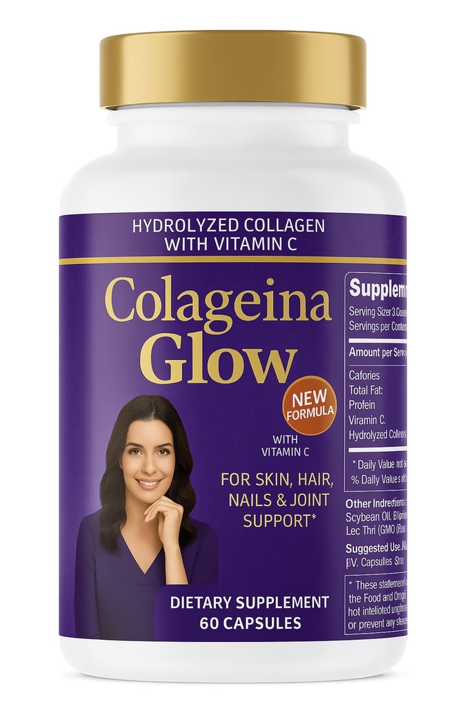 Colageina Glow – Hydrolyzed Collagen Supplement 60 Capsules | Daily Use Formula with Collagen and Vitamin C | 2 Capsules per Day | Premium Quality Presentation for Everyday Routine Colageina
