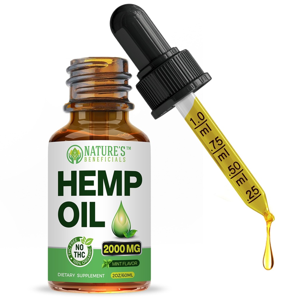 Nature's Beneficials Bio Hanf Öl Extrakt Tropfen, 2000mg - Omega Fettsäuren 3 6 9, Non-GMO Ultra-Pure CO2 extrahiert
