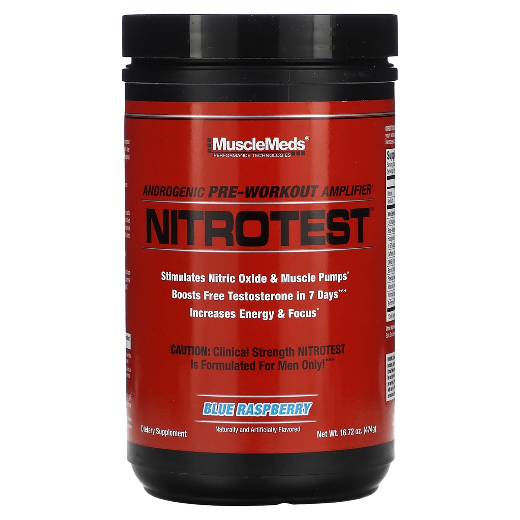 MuscleMeds Nitrotest, supplément d'entraînement, oxyde nitrique boost, testostérone, framboise bleue, 30 portions, 1,04 livre, 1 comte