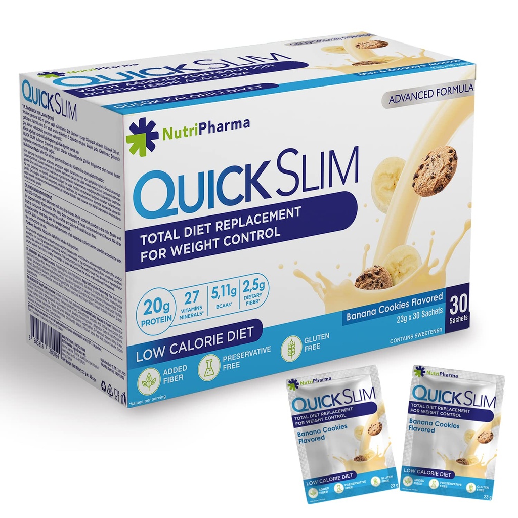 Quick Slim High Protein Shakes for Weight Loss, 30 Servings, Complete Meal Replacement Powder, Diet Shakes for Women & Men, 20g Protein, 27 Vit & Min, Keto, Gluten Free (Banana Cookies, 30 Sachets)