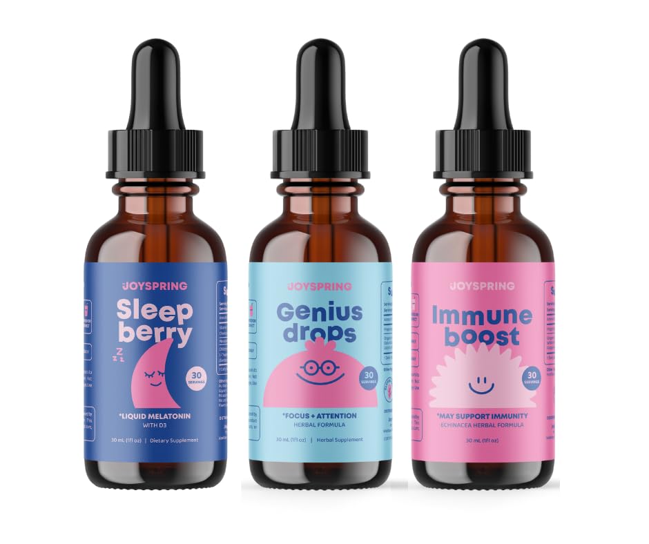 JoySpring Immune Booster pour les enfants avec Elderberry, Echinacea, Orange Peel & Grape Root, SleepBerry Melatonin pour les enfants avec Elderberry Genius gouttes supplément cerveau pour les enfants