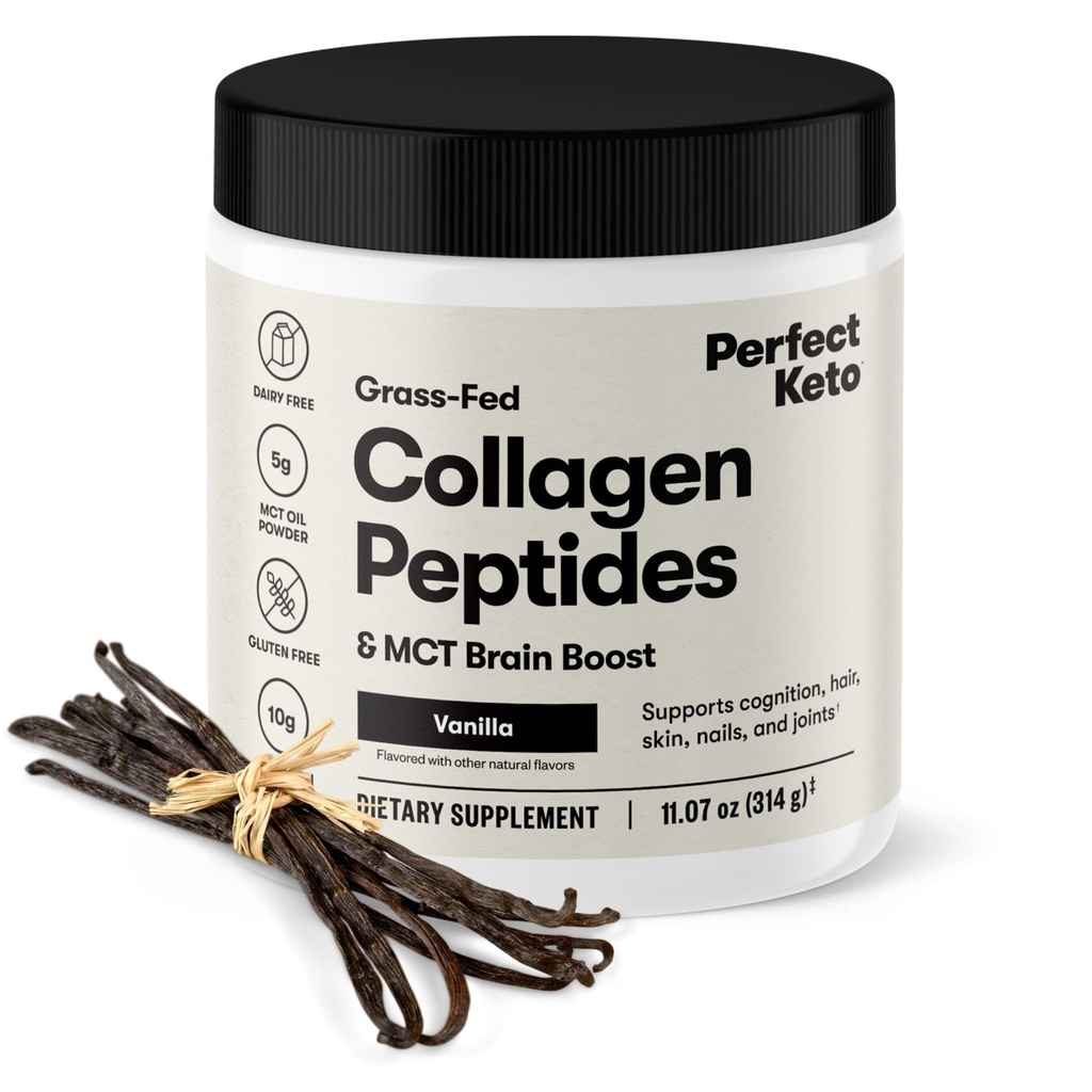 Perfect Keto Collagen Peptides Poudre de protéines avec huile MCT, gazon, collagène hydrolysé, complément de type I & III, crème de café Keto, vanille