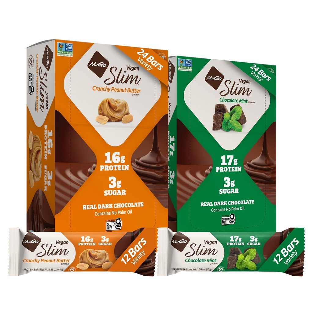 NuGo Slim Vegan Sorte - Crunchy Peanut Butter 12 Bars & Schokolade Minze 12 Bars, Low Net Carb, Keto Friendly, 16-17g Plant Based Protein, Glutenfrei, 24 count