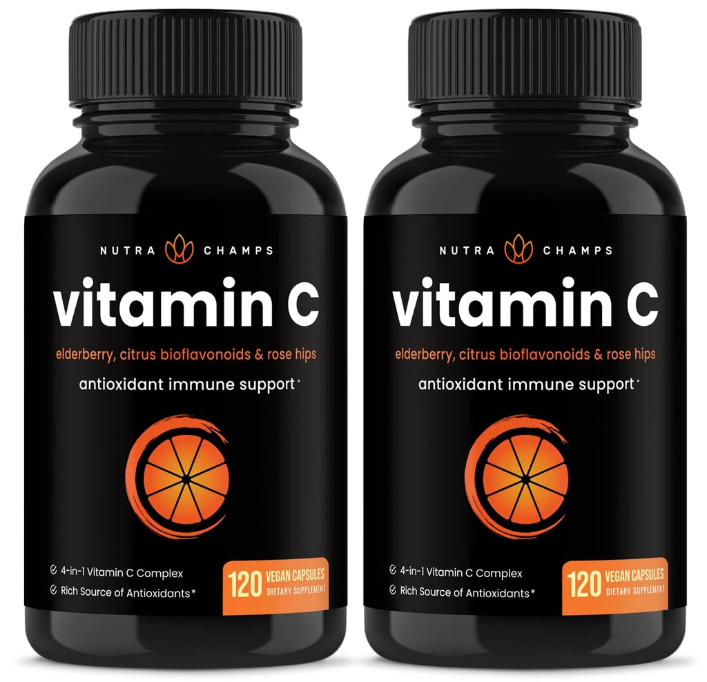 NutraChamps (2 Pack) Vitamine C 1000mg avec Elderberry, Citrus Bioflavonoïdes & Rose HIPS - 120 Capsules Vegan, Supplément anti-OGM pour la santé immunitaire et la production de collagène 500mg pilules en poudre