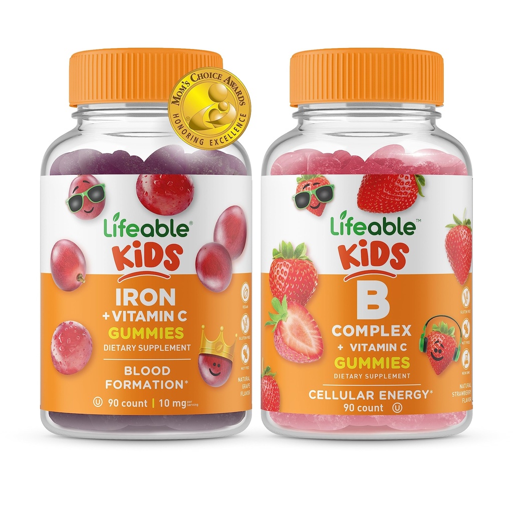 Lebensfähiges Eisen & Vitamin C Kids + B Complex Kids, Gummis Bundle - Große Verkostung, Vitamin-Ergänzung, Glutenfrei, GMO frei, Kaugummi