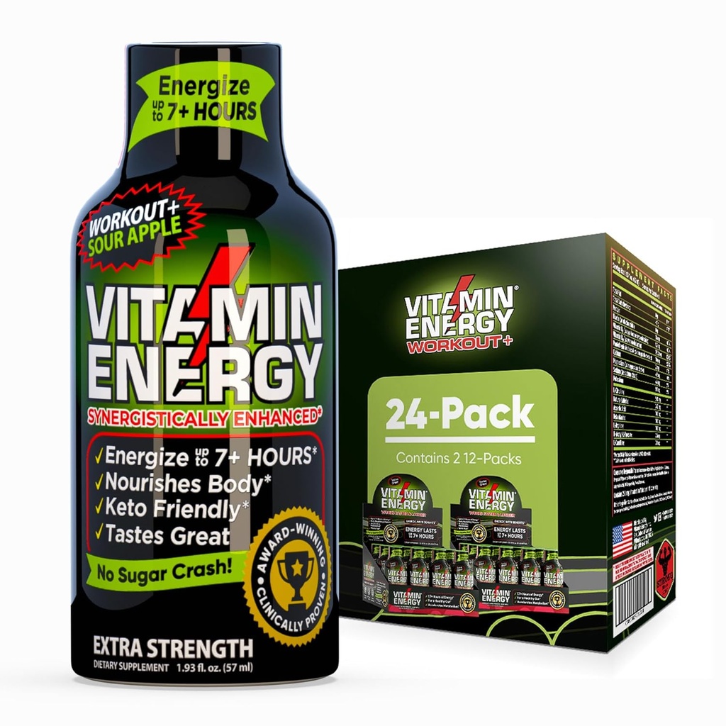 Vitamin Energy Workout+ Extra Strength Energy Shot Sour Apple 24 Pack, 260mg Natural Caffeine, Pre-Workout, B-Vitamine, Mineralstoffe, Endurance & Performance, Zero Sugar, Gluten-Free, Vegan, 1,93 fl oz
