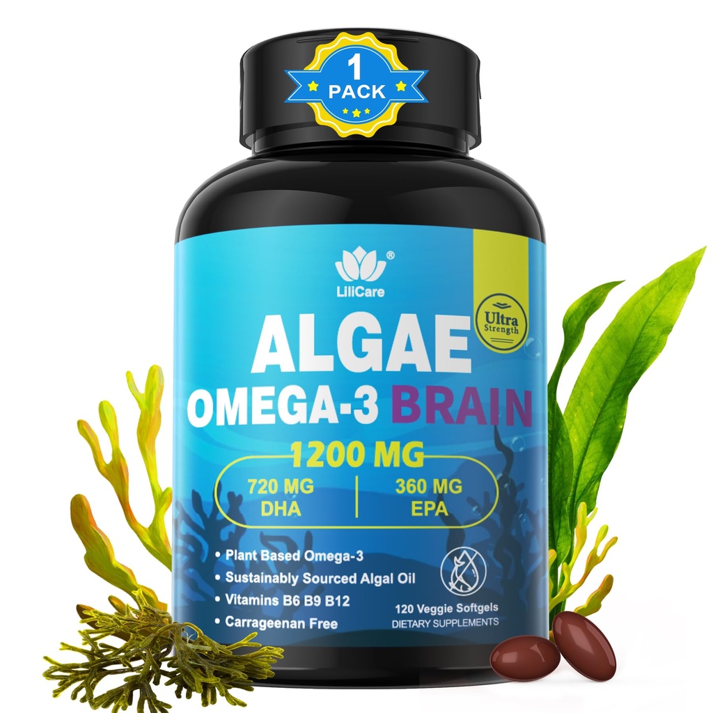 Omega 3 Fish Oil Softgels mit DHA 720mg EPA 360mg, Vegan Algae Science 2:1 Ratio für Brain Eye, Pflanzen basiert Sustainable Sourced Omega 3 Supplement, Fish Oil Alternative 1200mg, No Fish Taste, 120Cts