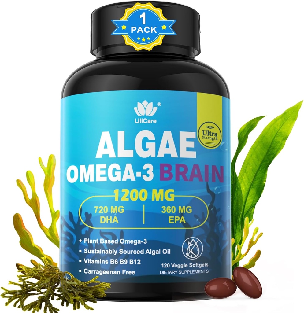 Omega 3 huile de poisson softgels avec DHA 720mg EPA 360mg, Vegan Algae Science 2:1 Rapport pour l'œil du cerveau, basé sur la plante Omega 3 supplément, huile de poisson alternative 1200mg, sans goût de poisson, 120Cts
