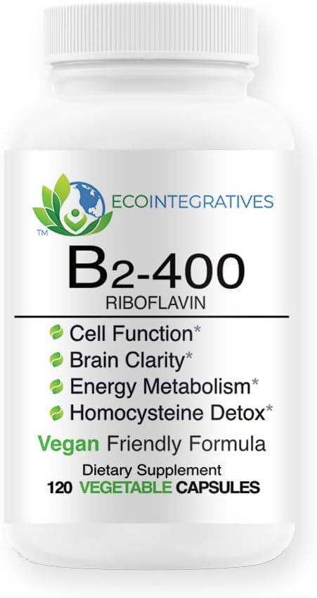 B2-400 Pure Riboflavine - Santé du système nerveux, Détox homocysténique, cardiovasculaire, aide à stimuler l'énergie, la clarté mentale, le métabolisme et la fonction cellulaire (120)