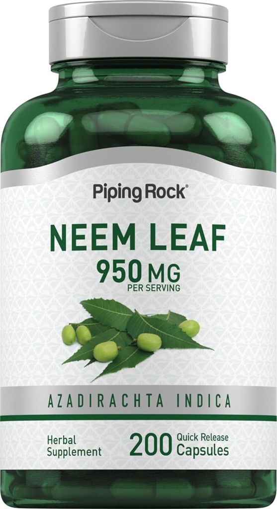 Piping Rock Neem Blatt Kapseln | 950mg | 200 Pulver Pillen | Kräuterextrakt Ergänzung | Azadirachta Indica | Non-GMO, Glutenfrei