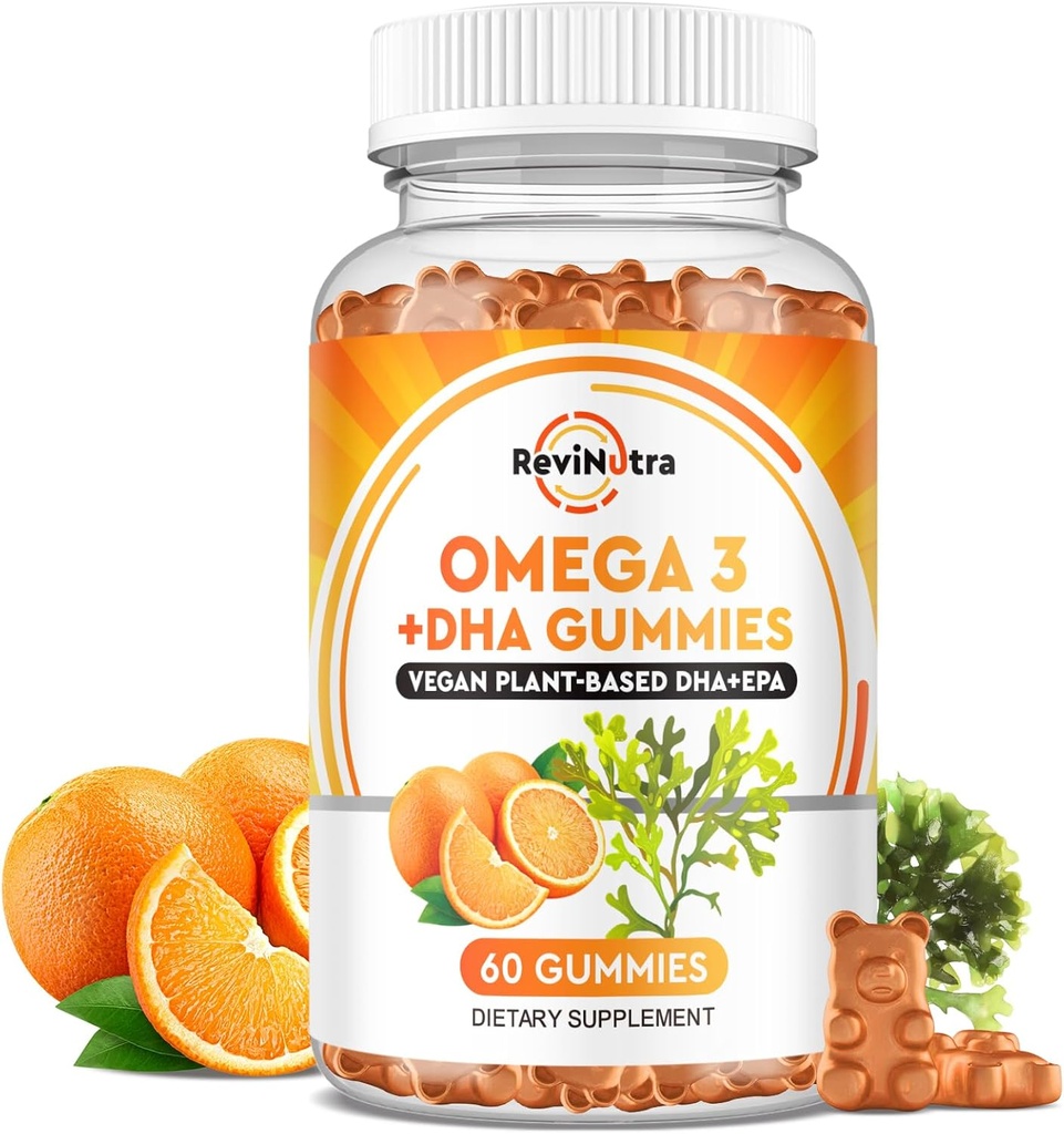 Omega 3 Gummis, Omega 3 Fischöl ergänzt Alternative mit EPA & DHA, CoQ10, Folate, Vitamin A, D3, E, unterstützt Gehirn, Gelenk, Herz, Auge und Immunsystem Funktion-Orange Flavor, 60 Gummies