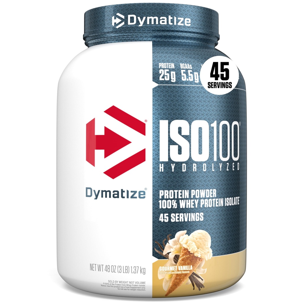 Dymatize ISO100 Whey Protein Pulver Isolieren, Vanille, 25g Protein, 3 Pfund, 5.5g BCAAs, Weniger als 120 Cal., Glutenfrei, 1g Fett, 1g Zucker, 2g Carb (45 Servierungen)