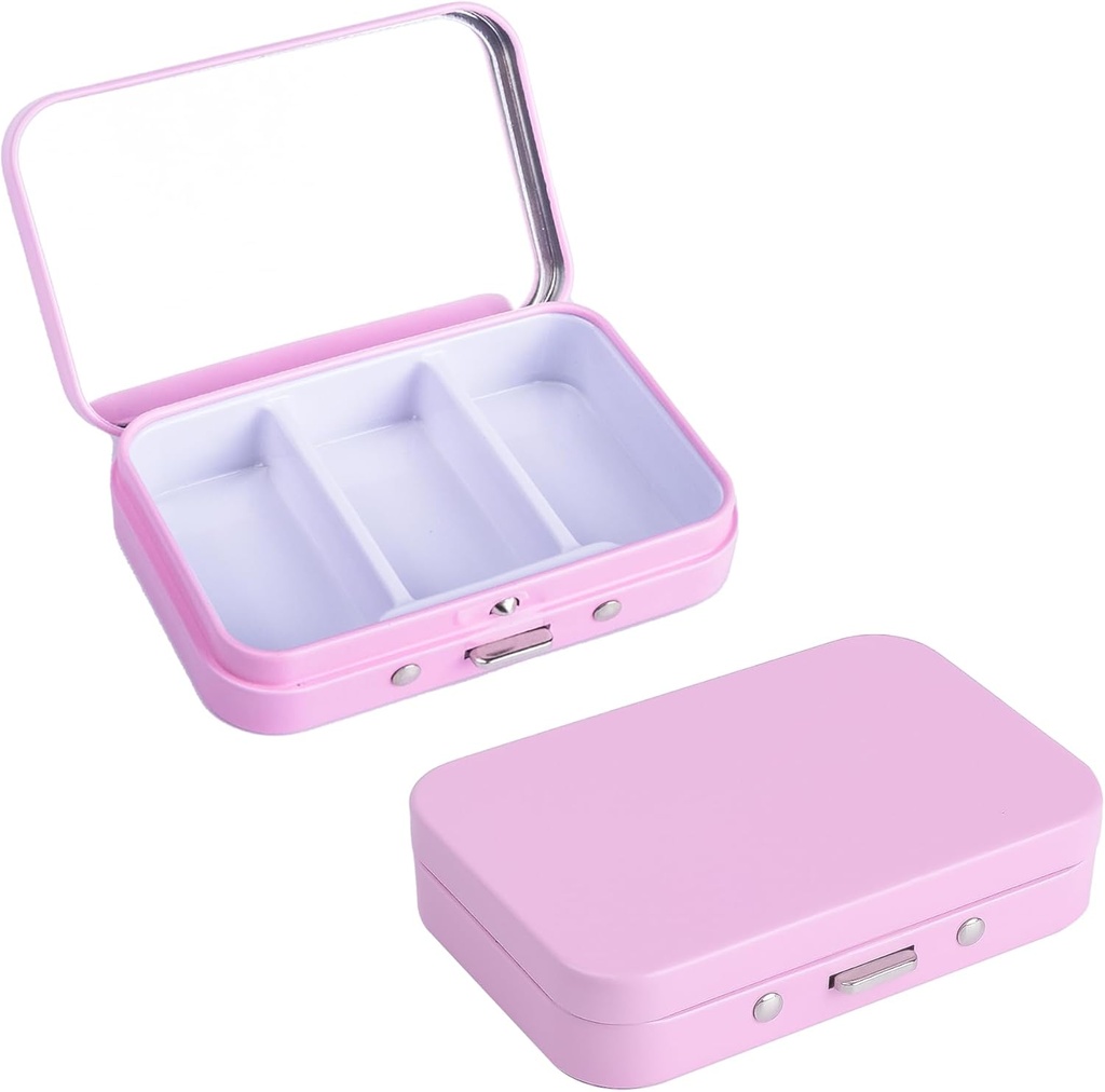 2Pack Pill Box 3 Compartment Pill Case,Portable Metal Travel Pill Box with Mirror for Medicine, Vitamins,Fish Oil and Supplements,Portable Pill Box for Pocket or Purse(Pink)