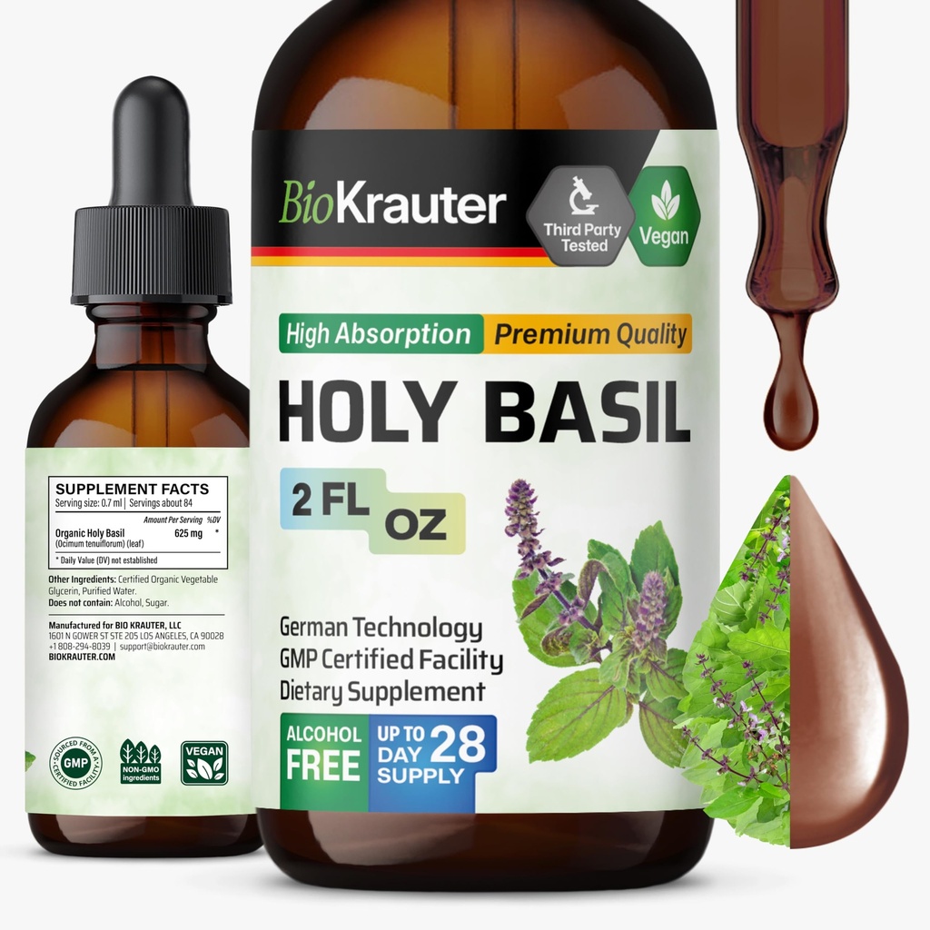 BIO KRAUTER Teinture de basilic Saint - Extrait liquide de poudre de Tulsi - Soutient Calme et Relaxation - Supplément d'acide ursolique - Sans alcool et sans sucre - gouttes de végétalien 2 Fl.Oz.