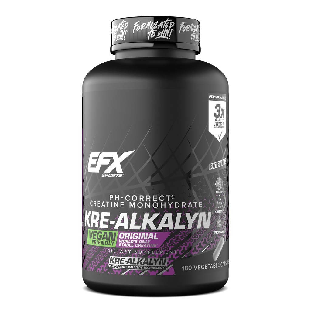 EFX Sports Kre-Alkalyn EFX | pH Correct Creatine Monohydrate Pill Supplement | Vegan Friendly | Strength & Muscle Growth | 90 Servings, 180 Veggie Capsules