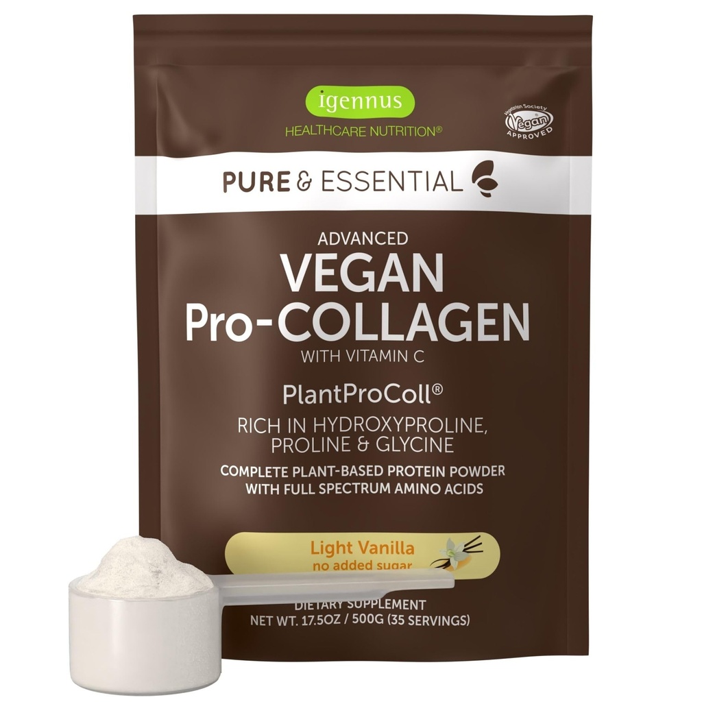 Igennus Advanced Vegan Vanille Collagen Peptide Powder, Enhanced with Glycine, Proline & Hydroxyproline & Cofactor Vitamin C, Non GMO, Vegetarische Pflanzenbasis Collagen Powder Booster, 35 Servierungen