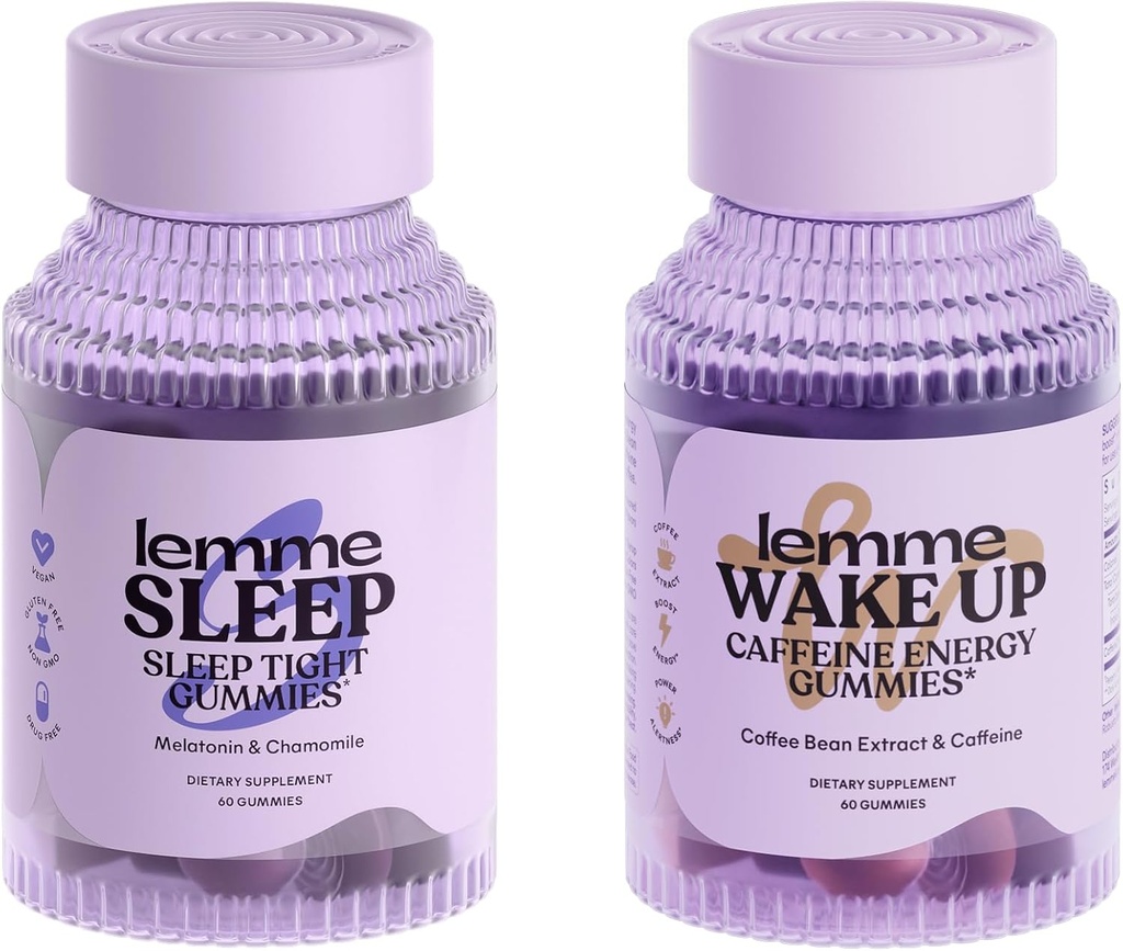 Ensemble Lemme Sommeil et Réveillez-vous - Gummies de sommeil pour le repos de la nuit et Réveillez-vous Gummies de caféine pour l'énergie - sans gluten, non-OGM, 60 Comptez chaque