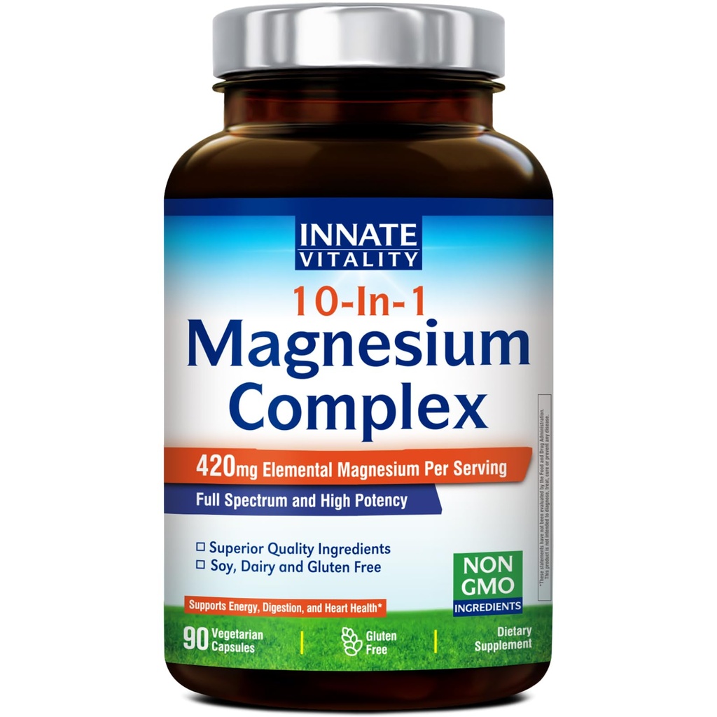 Innate Vitality 10-in-1 Magnesium Complex 960mg, 420mg Elemental Mag per Servieren, mit Magnesium Glycinat, Citrat, Malat und mehr, Schlaf, Verdauung, Energieunterstützung, 90 Vegan Caps