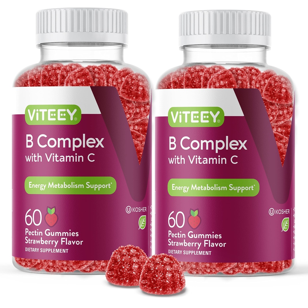 Gommies complexes de vitamine B avec vitamine C - Énergie, métabolisme et immunosupport - B6, B12, Niacine, acide folique, biotine, calcium - végétalien, sans gluten - 120 Compte