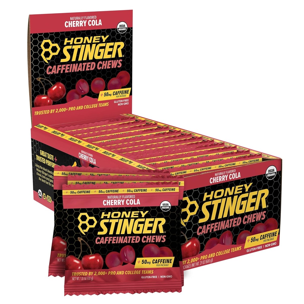 Honey Stinger Cherry Cola Caffeinated Energy Chew, Gluten Free, mit Koffein, für Übung, Laufen und Performance, Sporternährung für Home & Gym, Pre und Mid Workout, 12 Pack, 23.2 Unze