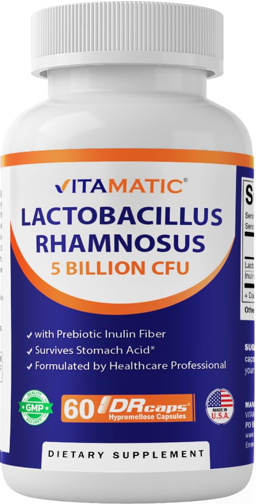 Vitamatic Lactobacillus Rhamnosus 5 Million par DR Capsule (10 Million par 2 Capsules) - 60 Compte - Support digestif et immunitaire avancé - Fabriqué avec fibre d'inuline prébiotique