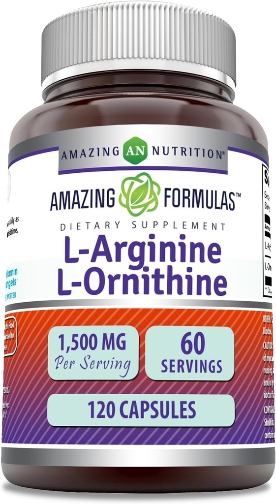 Erstaunliche Formeln L-Arginin/L-Ornithin 1500 Mg pro Servieren, Kapseln | Non-GMO | Gluten Free | Aminosäure Supplement (120 Count)