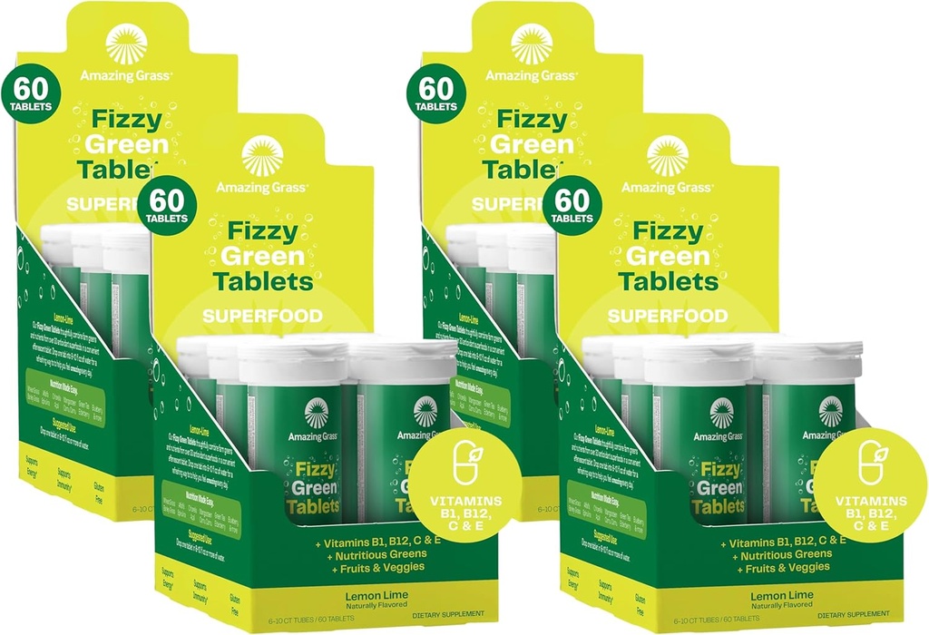 Erstaunliches Gras Fizzy Green Tablets Superfood Lemon Lime: Green Superfood Water Flavoring Tablet mit Antioxidantien & Alkalisierende Grüns, 60 Count (Packaging May Vary) (Pack von 4)