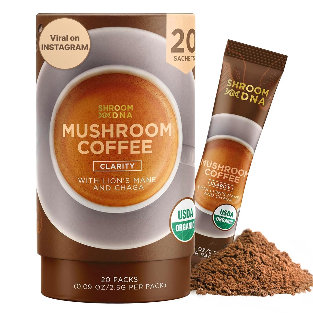 ShroomDNA Mushroom Coffee Blend with Chaga & Lion's Mane | Instant Focus + Clarity All Day | Organic + Vegan + Gluten Free | No Added Sugar | 20 Count