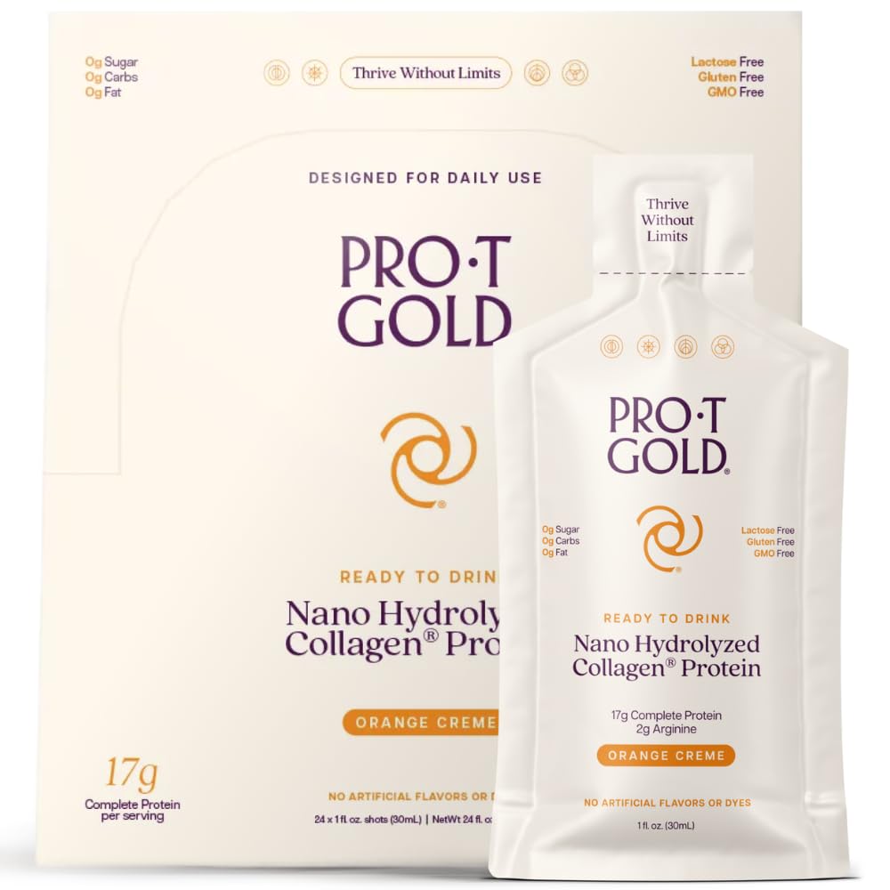 ProT Gold Collagen Protéines de collagène liquide, 17g Protéines claires Nano-Hydrolyzed Grass Collegen, 2g Arginine pour le soutien des plaies, sans gluten, sans sucre, 0g Carbes, crème orange, 1 fl oz, 24 Pack