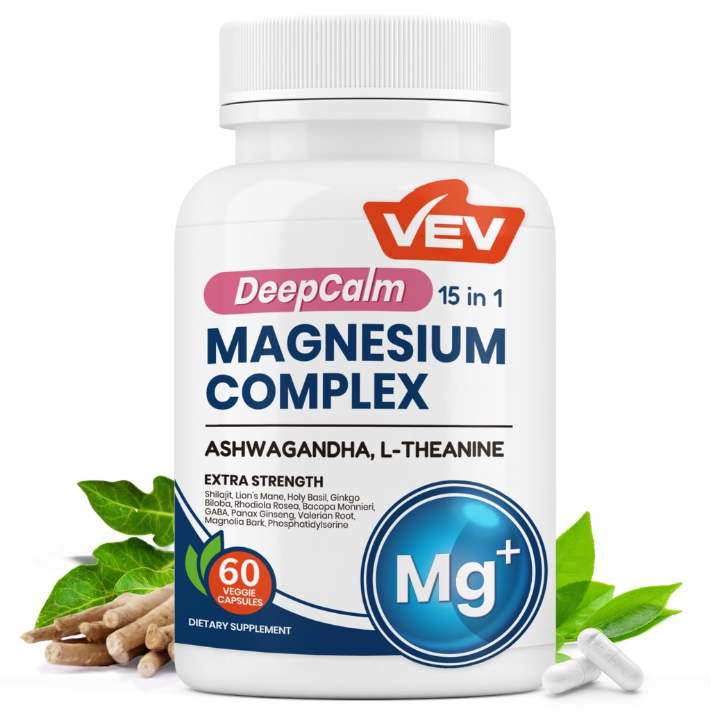 VEV Deep Calm 15 in 1 Magnesium Glycinate & Citrate Complex Capsules, Cortisol Supplements for Women – Easy to take Formula with Ashwagandha & L-Theanine, 60 Vegan Capsules