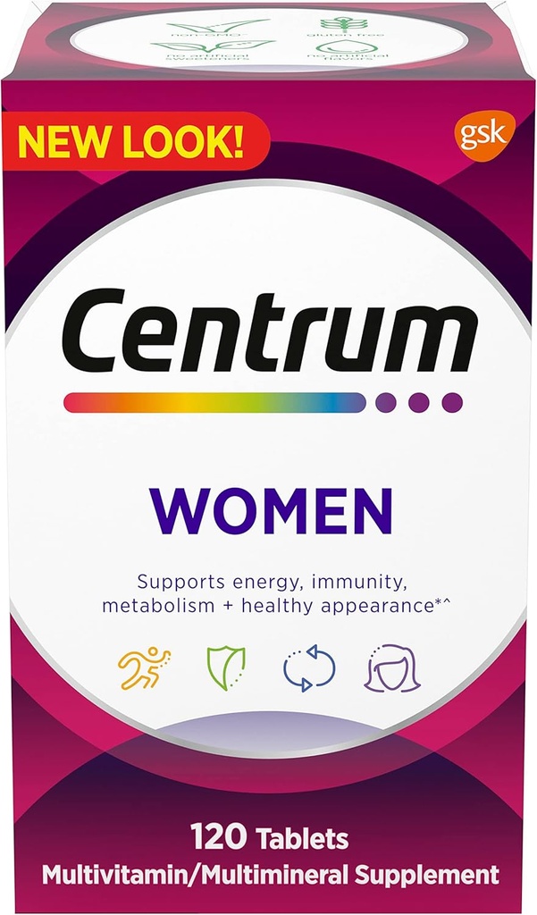 Centrum Multivitamin für Frauen, Multivitamin/Multimineral Supplement mit Eisen, Vitamin D3, B Vitamine und Antioxidantien Vitamine C und E, Glutenfrei, Non-GMO Zutaten - 120 Zähler