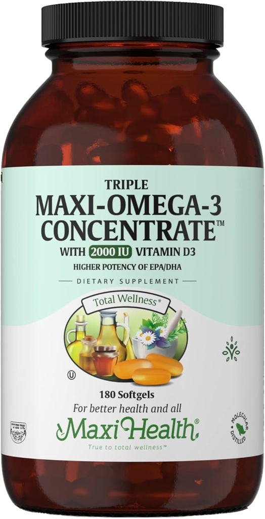 Omega 3 Supplement - Omega-3 Fish Oil Triple Konzentrat mit Vitamin D3 - Potent Quelle von EPA/DHA Fettsäuren - Herz, Gehirn, Joint Health - Kosher zertifiziert Wild Caught Marine Fish - 180 Softgels