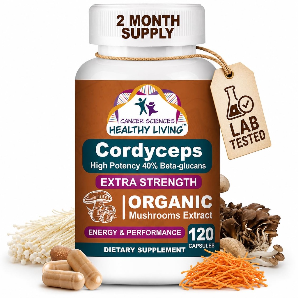 Cancer Sciences Cordyceps Mushroom Supplement Kapseln - 1.500mg Bio Pilz-Komplex für Wellness, hohe Potenz 40% Beta-Glucans, Immununterstützung Ergänzung für Energie & Stamina Booster, 120 Zähler