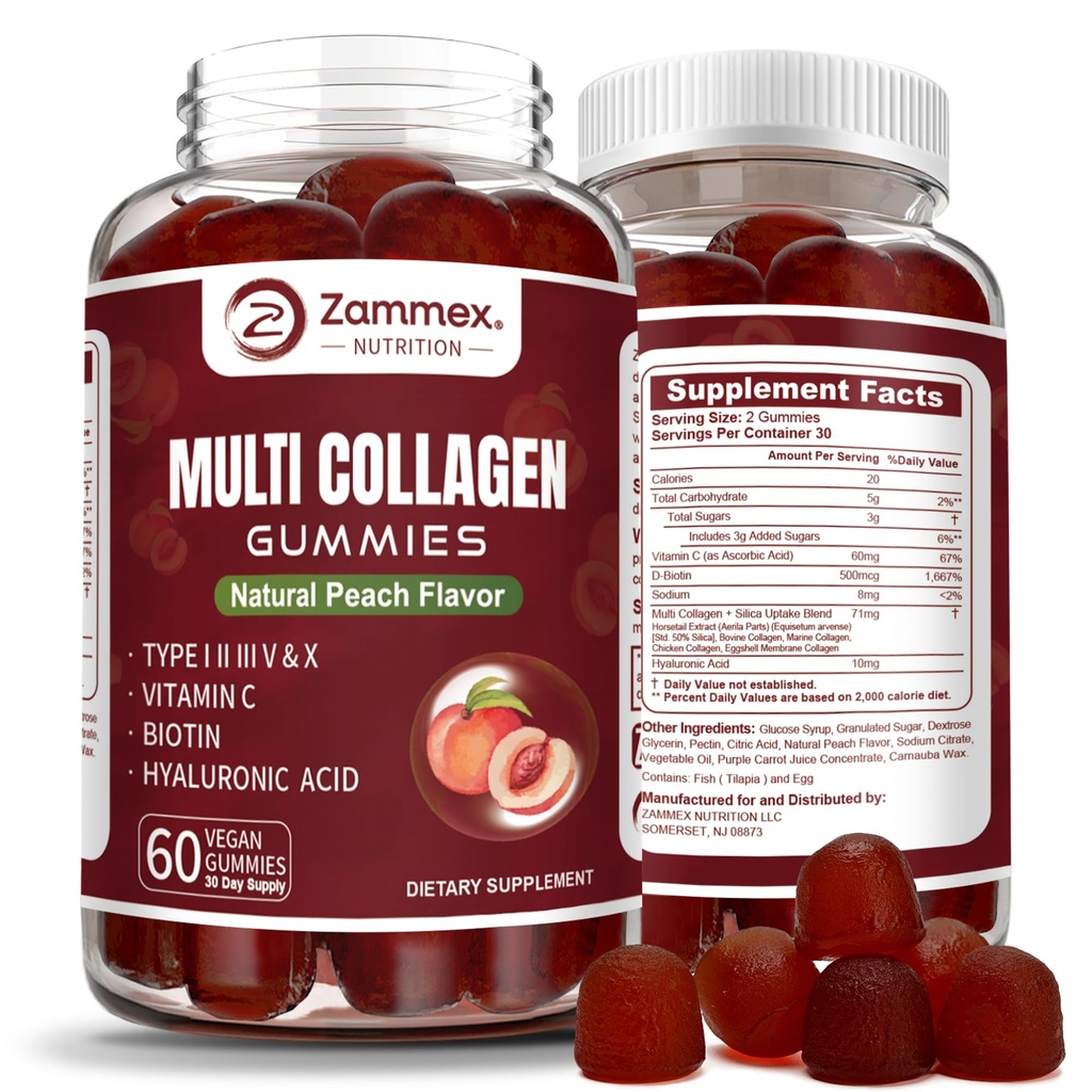 Zammex Multi Collagen Peptide Gummie (Typ 1, 2, 3, 5 & 10), 30 Servierungen, Anti-Aging Collagen Gummy Ergänzungen für Frauen und Männer mit Biotin Vitamin C, Hyaluronsäure, Peach Flavor
