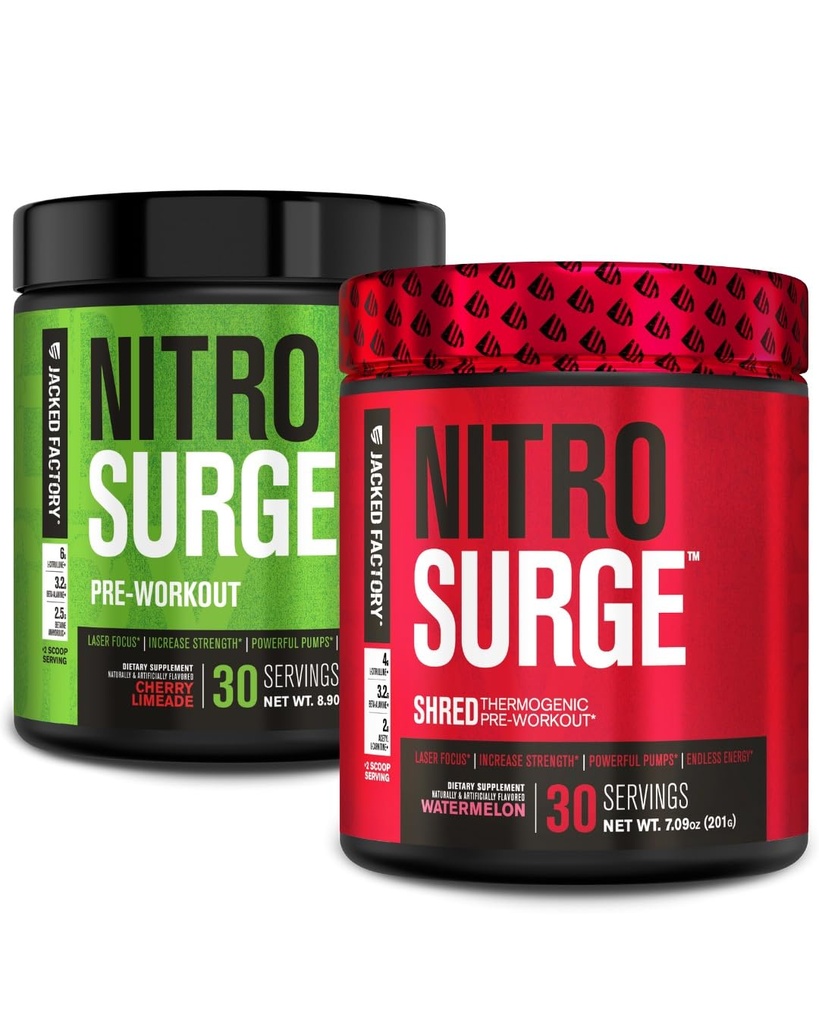 Jacked Factory Nitrosurge Pre-Workout in Cherry Limeade & Watermelon Nitrosurge Shred Thermogenic Pre-Workout for Men & Women