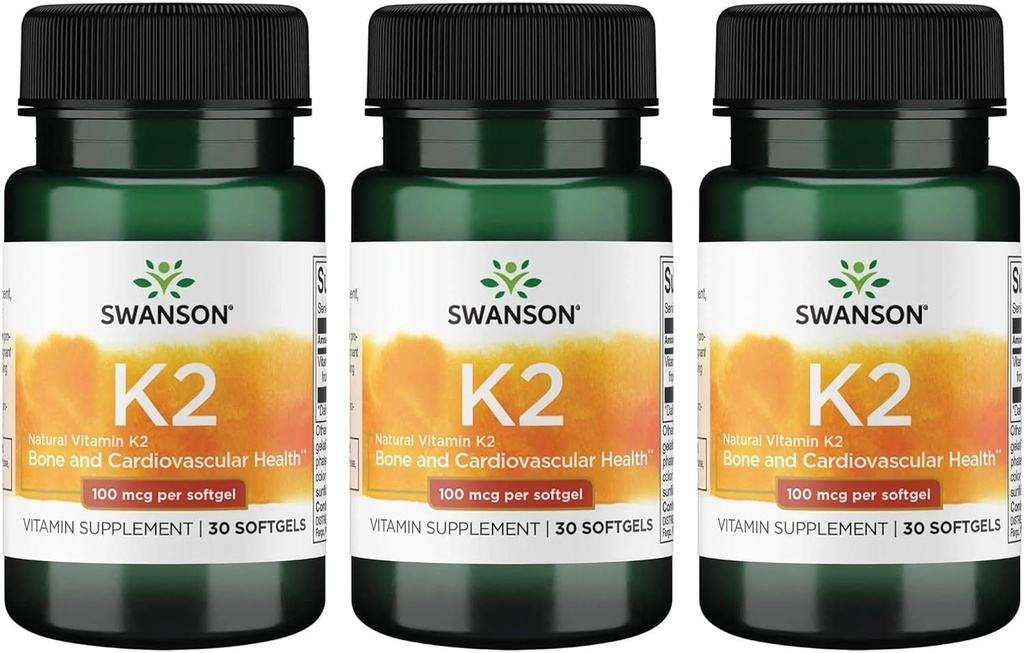Swanson Vitamin K2 (Menaquinone-7) - Vitaminergänzung Unterstützung Herz-Kreislauf- und Knochengesundheit - Hergestellt aus japanischer Natto, um Kalzium zu regulieren - (30 Softgels, 100mcg Jeder) (3 Pack)
