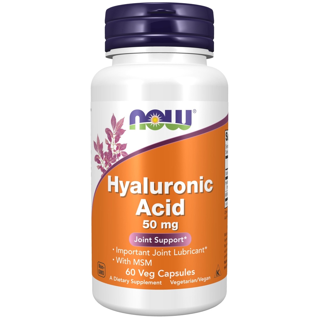 Suppléments MAINTENANT, acide hyaluronique 50 mg avec MSM, soutien mixte*, 60 gélules