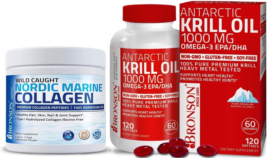 Bronson Marine Collagen Peptides Hydrolysed Protein Powder + Antarctic Krill Oil 1000 mg avec Omega-3s EPA DHA
