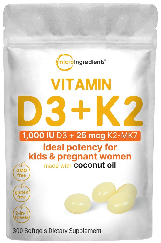 Micro Ingredients Vitamin D3 1.000 IU + K2 MK-7 25 mcg, 300 Softgels | Virgin Coconut Oil | 2-in-1 Knochen, Immun- & Herz-Unterstützung | Einfach zu schlucken, Non-GMO